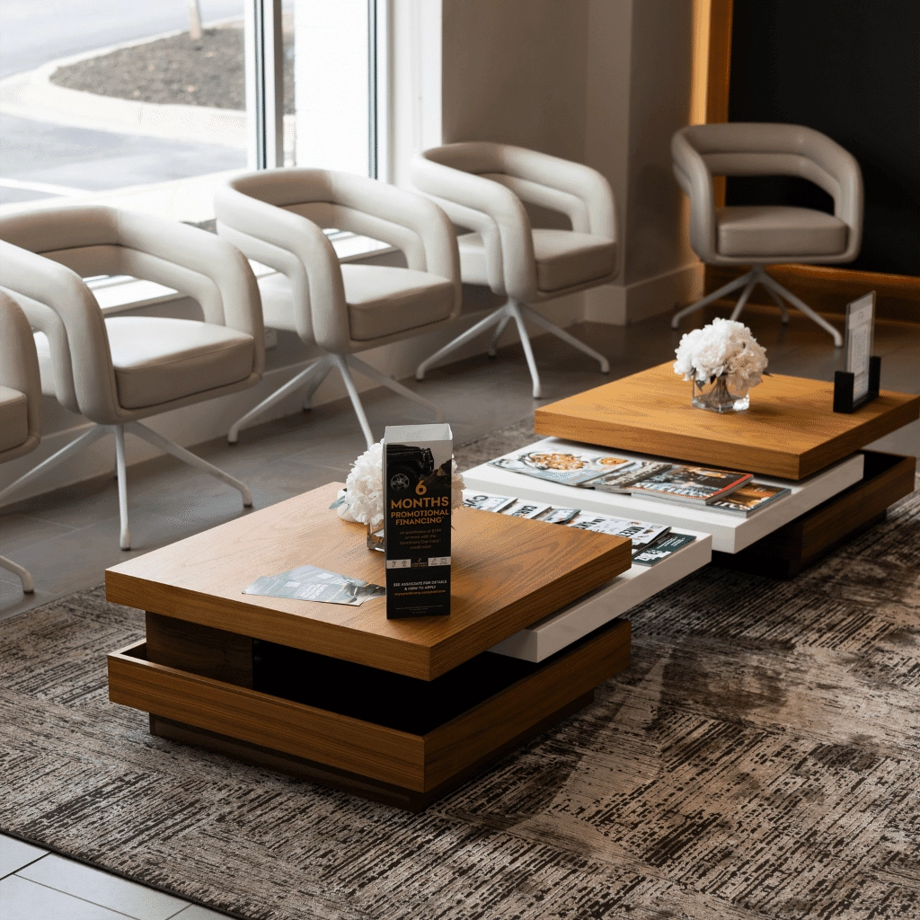 waiting room inside auto repair shop with white chairs and coffee table