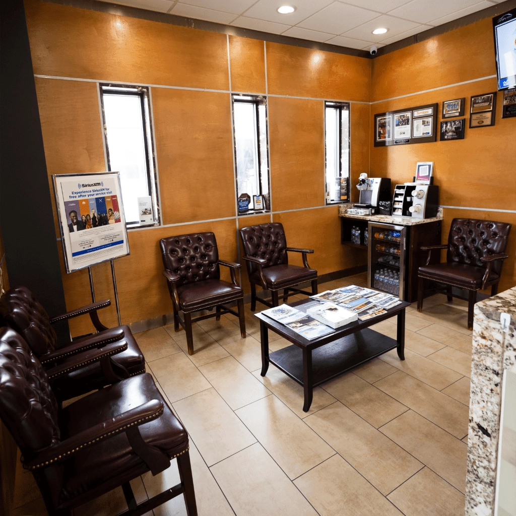 interior of a customer waiting area at an auto shop
